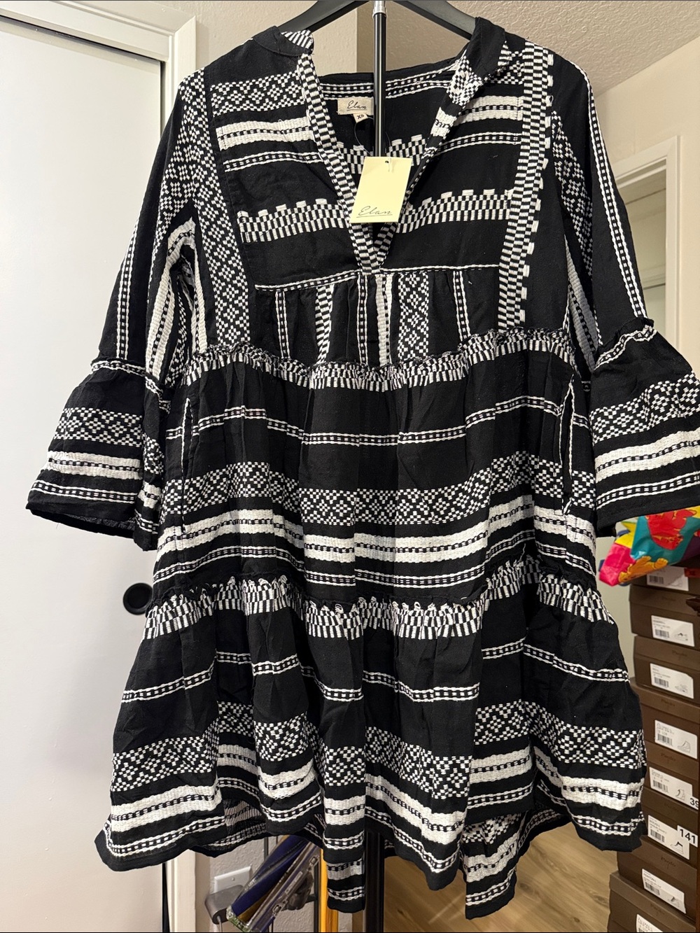 Elan Women's %100 Cotton Geometric Print Mini Dress with Pockets Size XS NWT